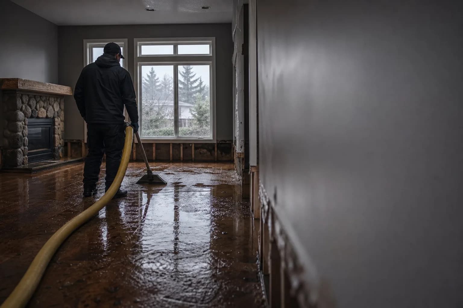 Water damage restoration and repair specialists at work in a Burnaby home