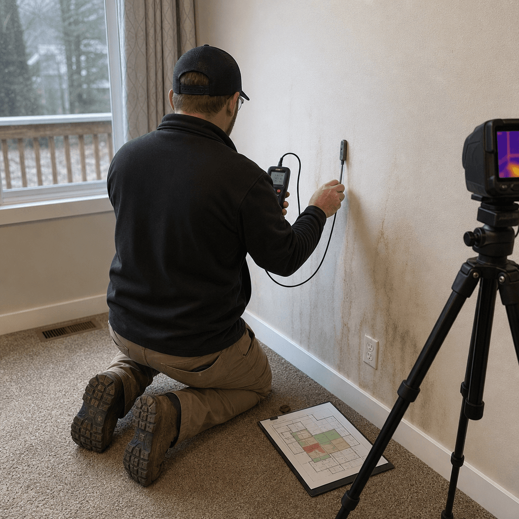 Technician using moisture meter and thermal camera for water damage assessment in Burnaby home