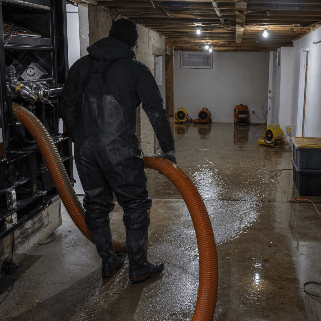 Truck-mounted water extractor being used for emergency water removal in Burnaby basement